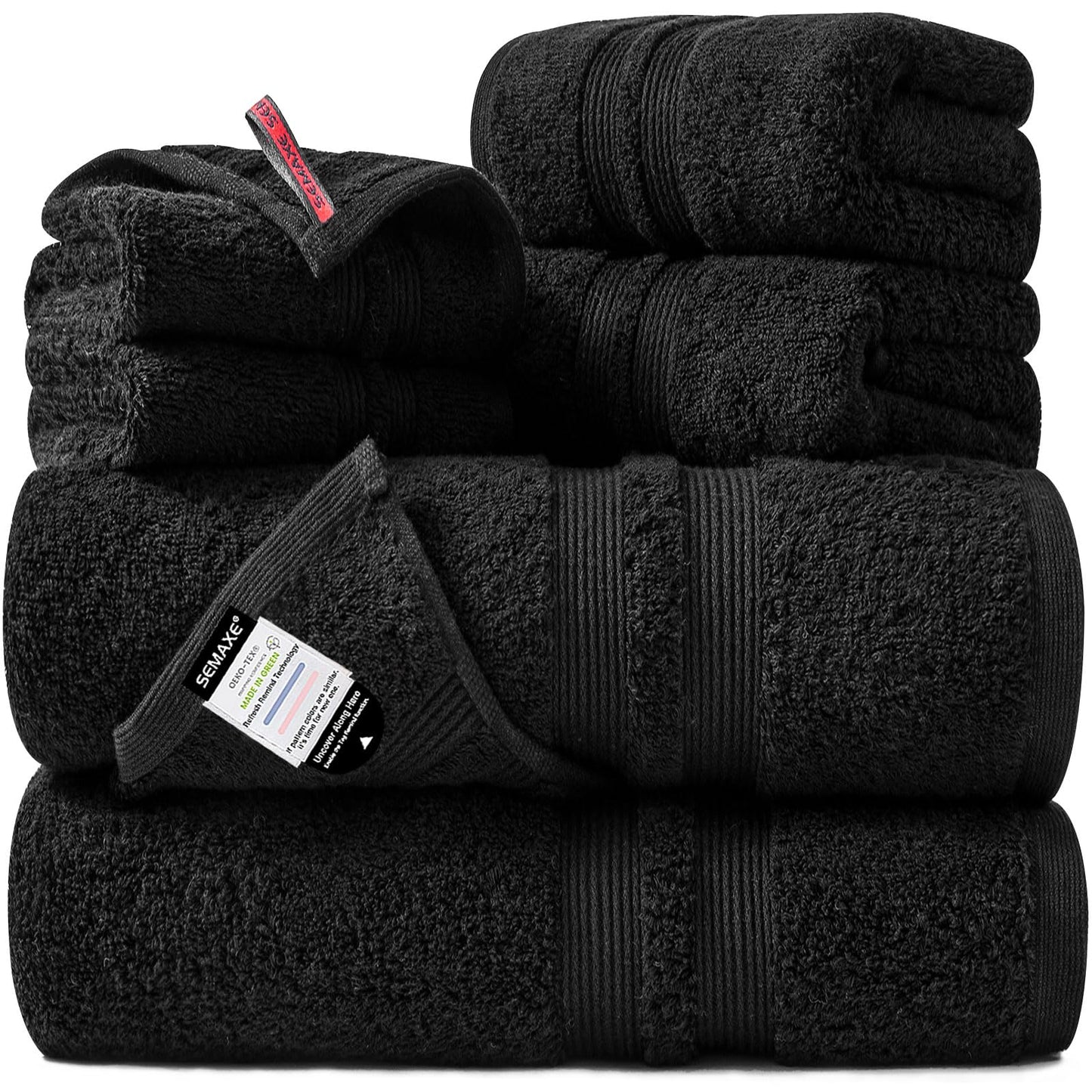 SEMAXE Solid 6-Piece Towel Set, Black, 600GSM 100% Cotton, 2 Each of Bath Towel, Hand Towel, and Washcloths, Gift Box Packaging, Hanging Loop Design