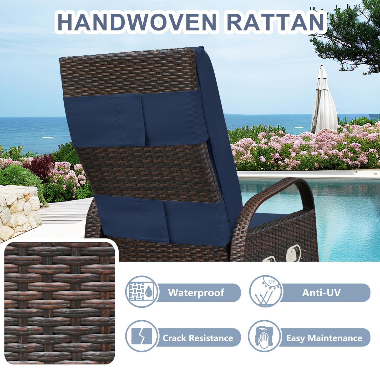 Skypatio Outdoor Wicker Recliner Chair with Side Table, Adjustable Backrest Footrest Patio Recliner Lounge Chair, All-Weather Resin Wicker Reclining Patio Chairs, Navy Blue