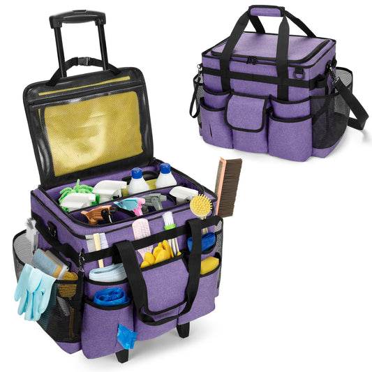 LoDrid Rolling Cleaning Caddy with Lid, Cleaning Supplies Organizer with Detachable Trolley, Cleaning Caddy Cart on Wheels with Handle and Shoulder Strap for Housekeepers, Purple, Bag Only