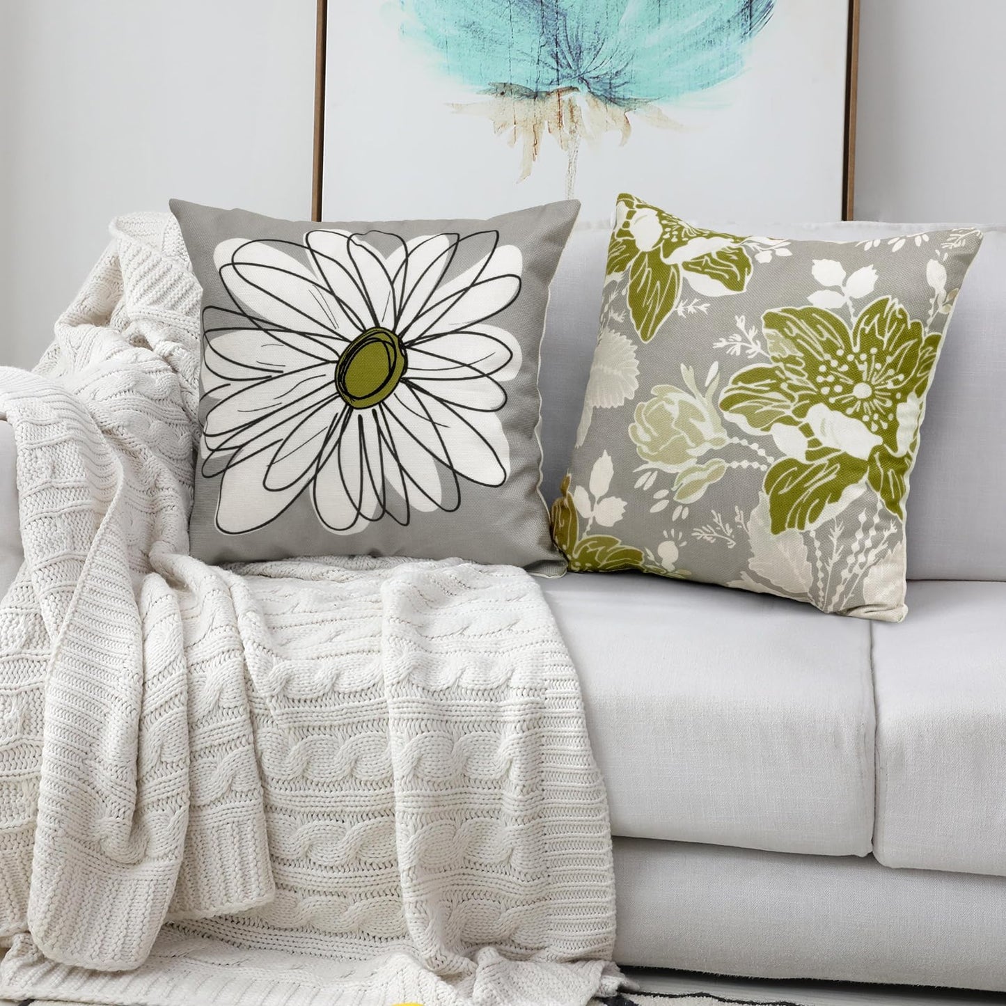 Baidast Green Olive Decorative Throw Pillow Covers 18x18 Set of 4, Green and Grey Modern Daisy Floral Pillows Linen Pillow Covers for Couch Sofa Living Room