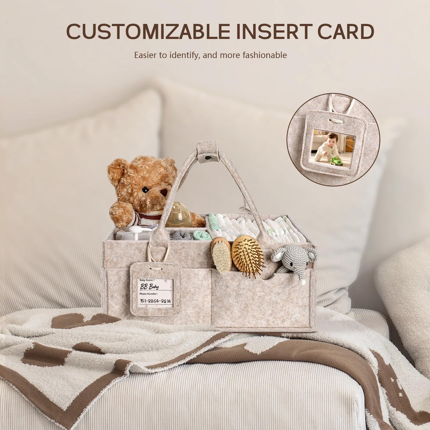 GEMII Baby Diaper Caddy Organizer with Handle, Newborn Baby Essentials Registry Search Must Haves, Shower Gift Basket Boy&Girl, Portable Diaper Storage Basket Bin, Car Caddy Organizer (Oatmeal, Large)