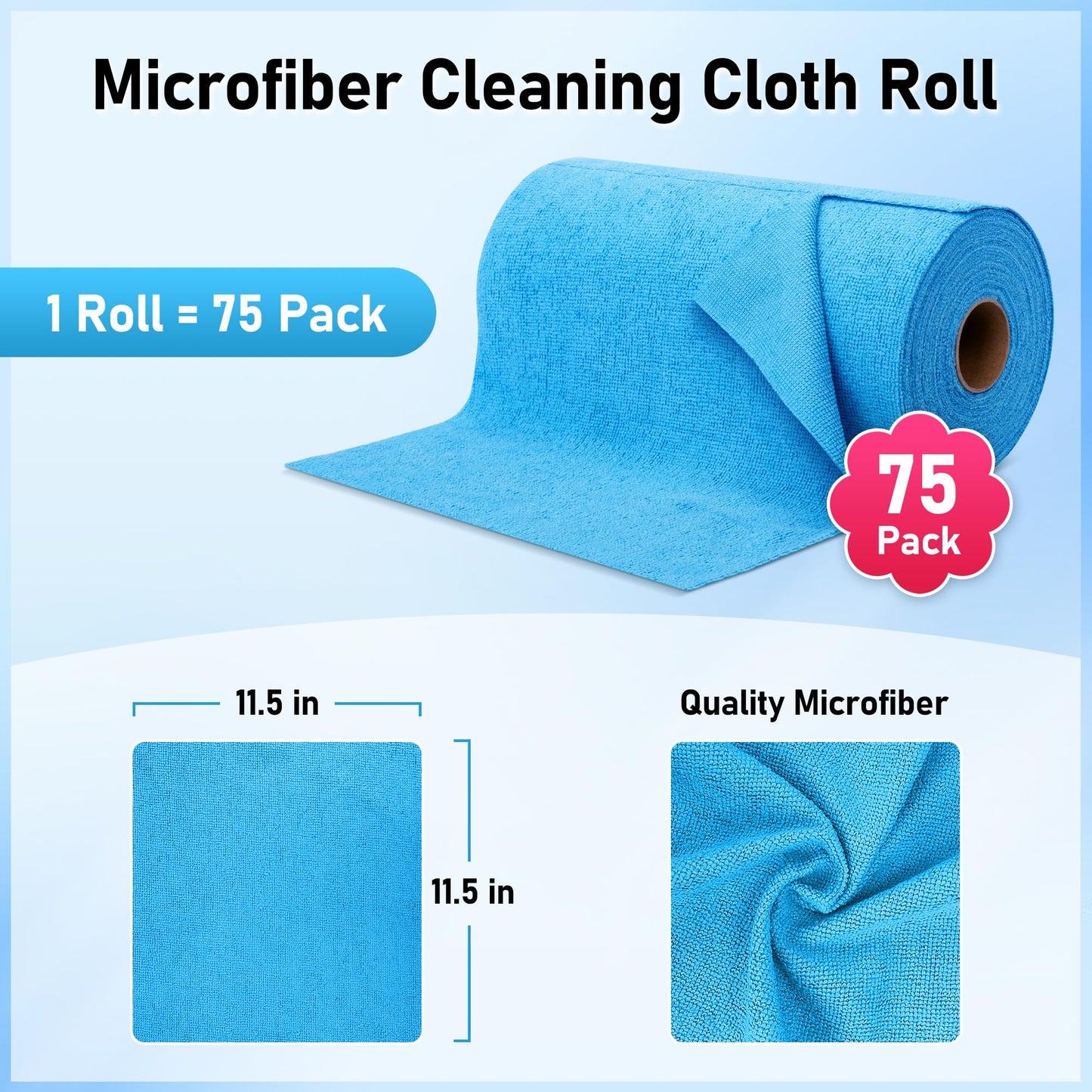 HOMERHYME Microfiber Cleaning Cloth Roll, 75 Pack Tear Away Microfiber Towel, Reusable Washable Shop Towels, Lint Free All-Purpose Cleaning Rags Wash Cloths for Home Car Kitchen Automotive 11.5"x11.5"