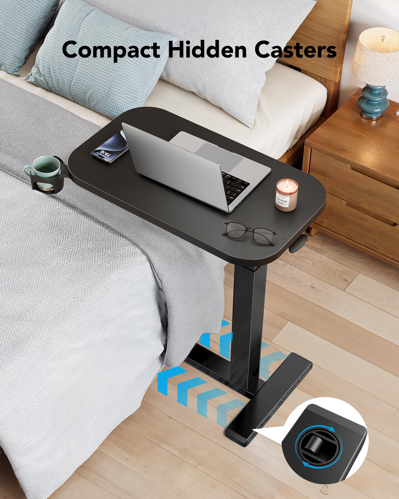 HUANUO Bedside Table with Wheels, Height-Adjustable Rolling Computer Cart, Overbed Table with Cup Holder, Pneumatic Laptop Standing Desk for Home Office, Black (31.5" x 17.7")