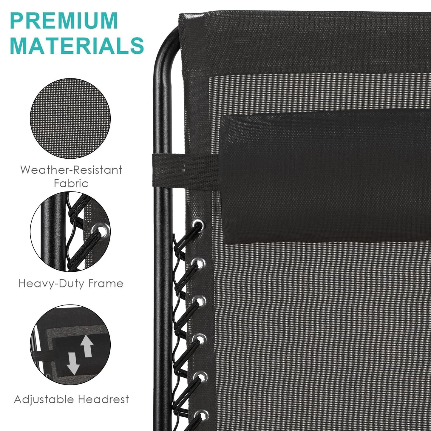 TLSUNNY Zero Gravity Chair Set of 2, Outdoor Folding Lounge W/Detachable Headrest & Holder Tray, Adjustable Textilene Lawn Reclining, No Assembly Required, for Patio, Garden, 330LBS (1, Black)