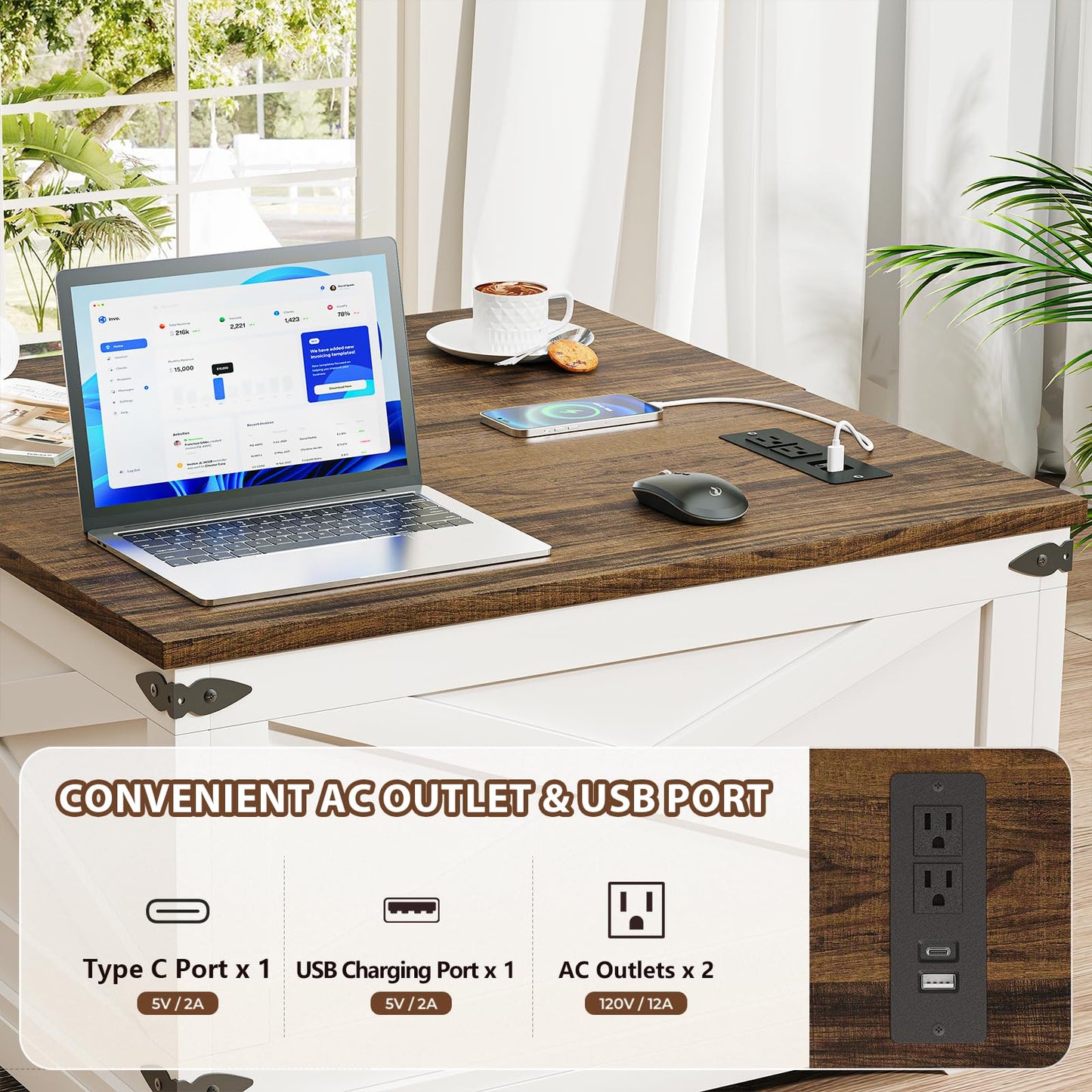 BROTTAR Lift Top Coffee Table with Storage, Square Coffee Table for Living Room with Charging Ports, Farmhouse Dining Table with Large Hidden Storage, White, 31.5"