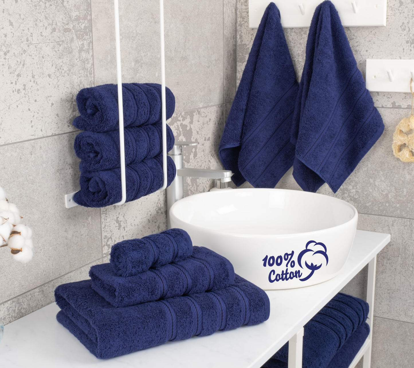 American Soft Linen Luxury 6 Piece Towel Set, 2 Bath Towels 2 Hand Towel 2 Washcloths, 600 GSM 100% Cotton Turkish Towels for Bathroom, Navy Blue Towel Sets