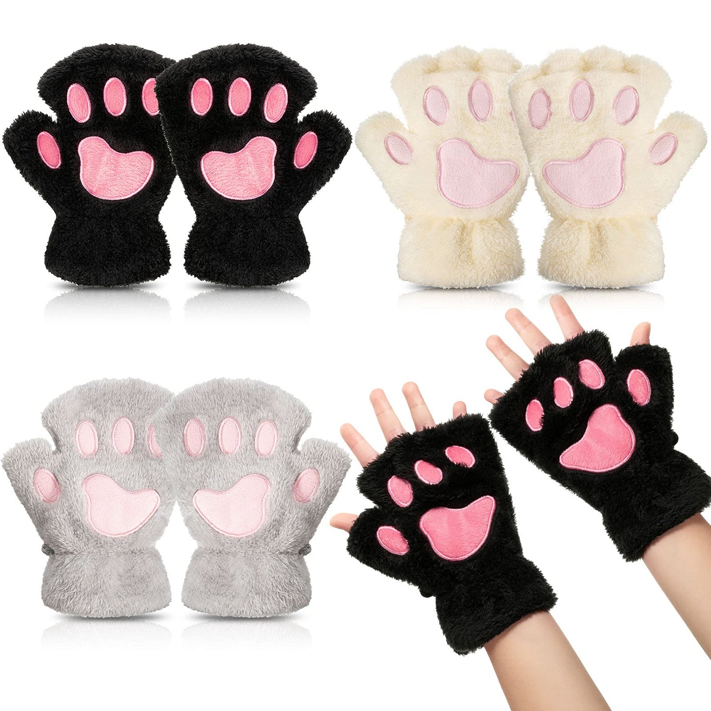 Geyoga Cat Paw Gloves 3 Pairs Cosplay Faux Fur Plush Cat Bear Furry Paws Gear Winter Fingerless Gloves for Girls Women