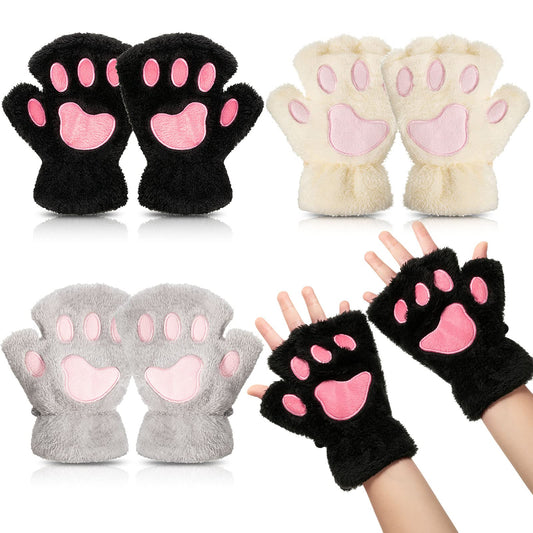 Geyoga Cat Paw Gloves 3 Pairs Cosplay Faux Fur Plush Cat Bear Furry Paws Gear Winter Fingerless Gloves for Girls Women