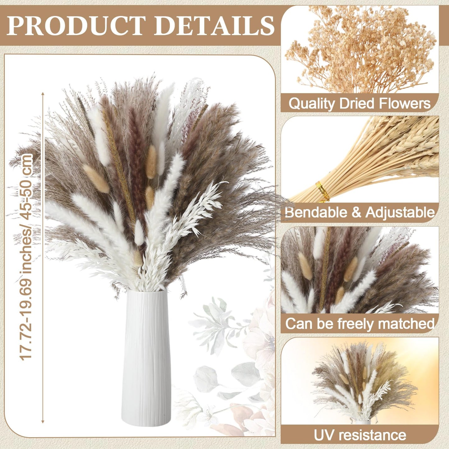 Nuanchu 703 Pcs Dried Pampas Grass Decor Boho Flower Bouquet Bulk with Bunny Tails, Reed Grass for Wedding Home Table Rustic Farmhouse Party Office(Retro Style)