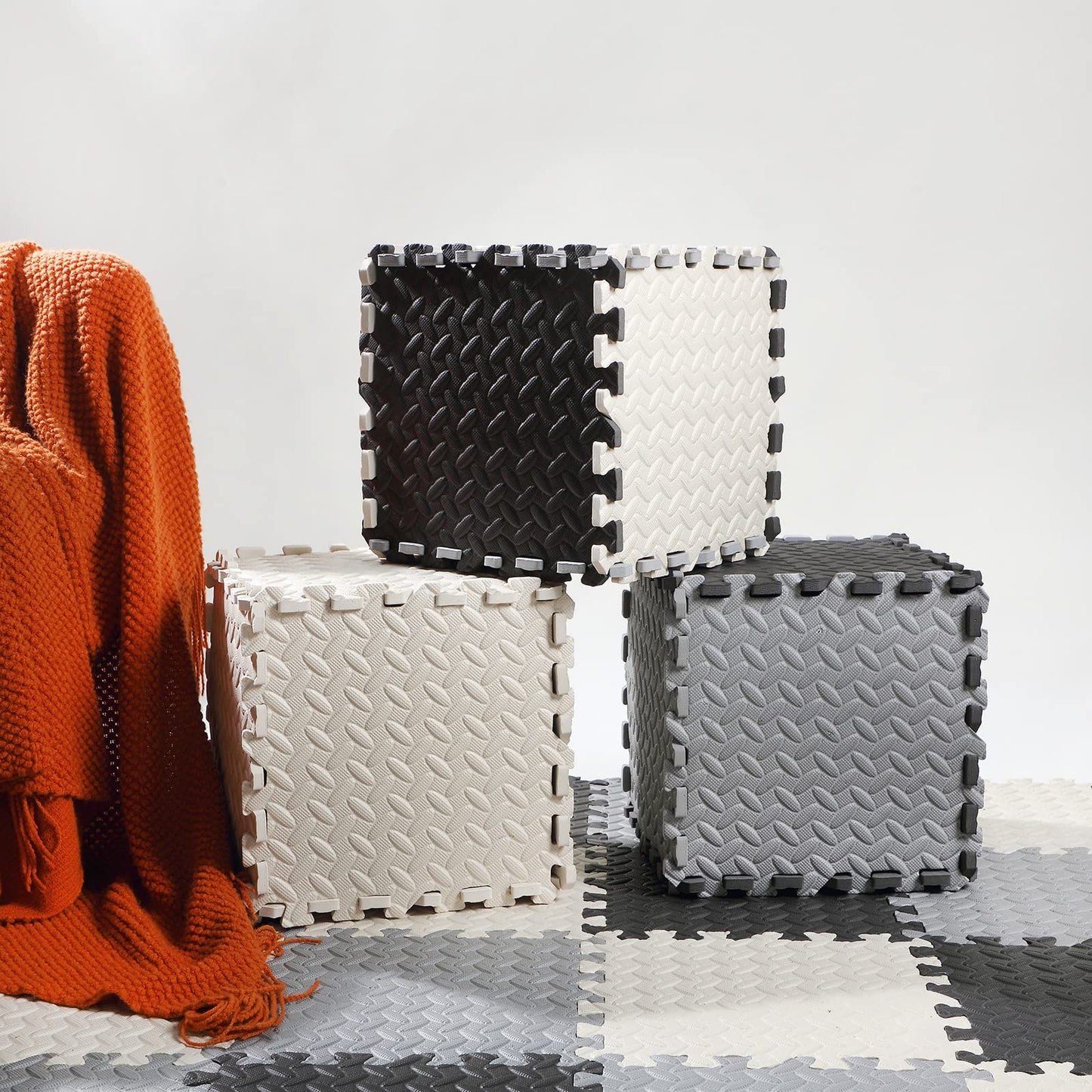 Shihanee Foam Floor Baby Tiles Foam Floor Mats Play Mats Bulk with Borders Interlocking for Kids Baby Playroom Nursery Gym (Black, White and Gray,64ft)