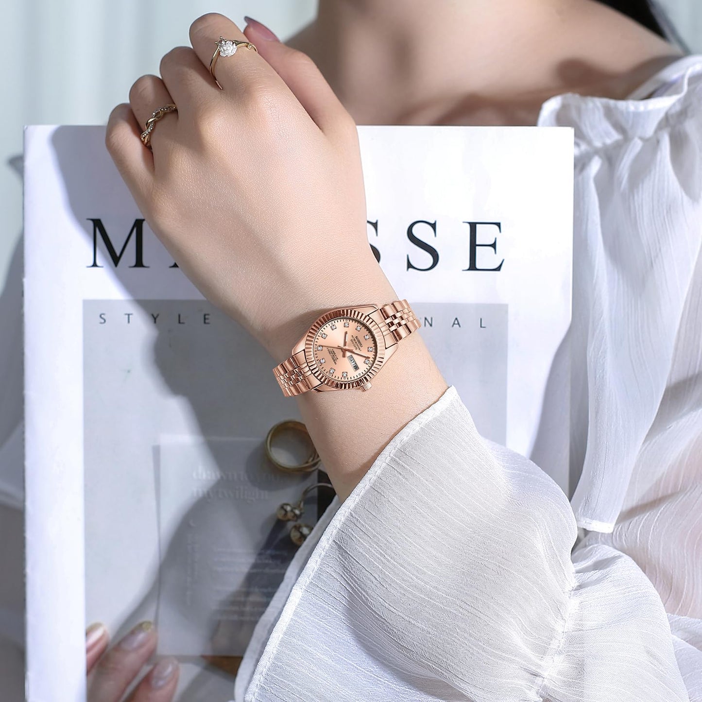 NIBOSI Watches for Women Analog Quartz Stainless Steel Dial Rose Gold Bracelet with Day Date Luminous Waterproof Dainty Classic Luxury Diamond Elegant Dress Women's Watch for Small Wrists