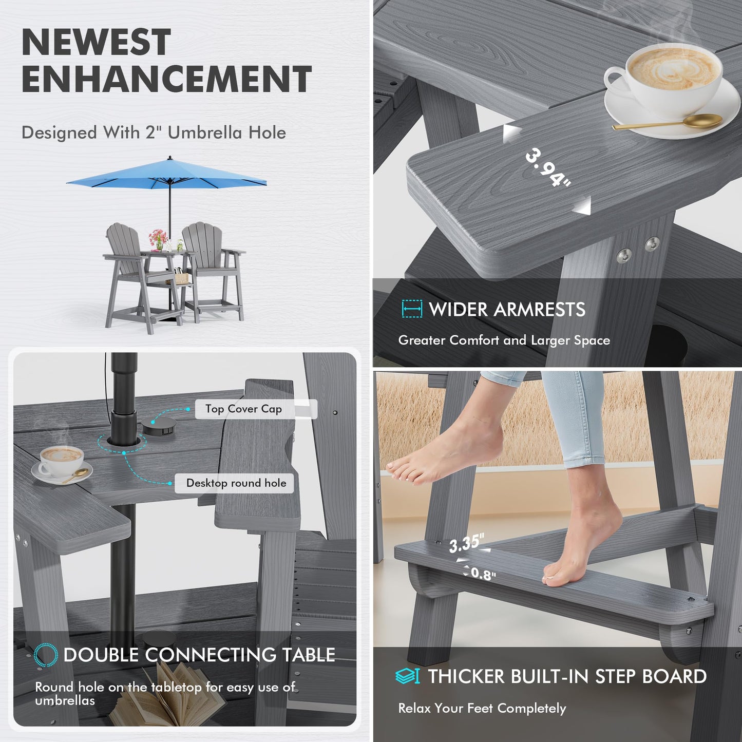 PatioPerk Tall Adirondack Chair Set of 2 with Double Connecting Tray, Recycled HDPE with Wood Grain, Weather Resistant, Outdoor Adirondack Chairs for Deck, Balcony, Patio, Backyard, Light Grey