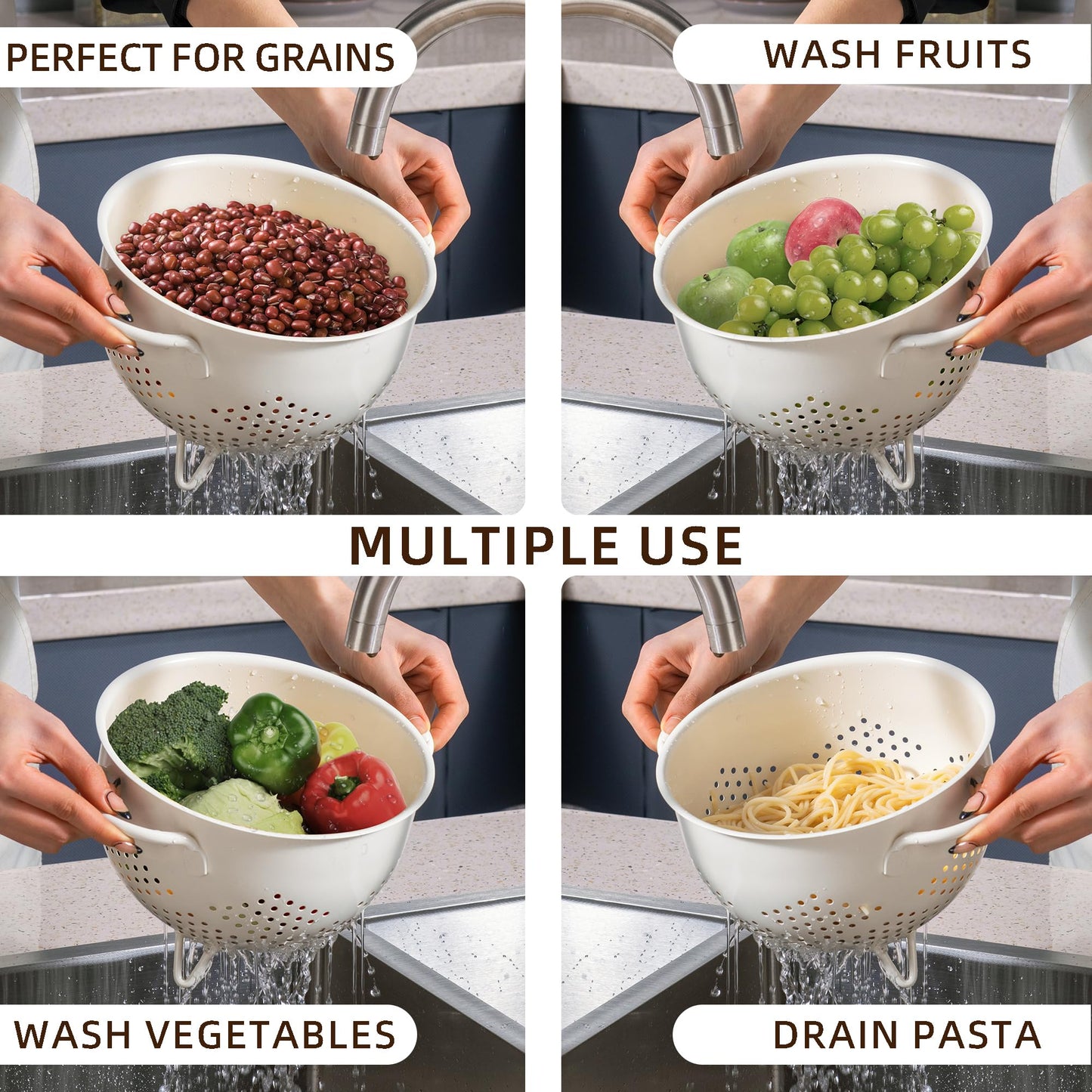 Metal Colander 5 Quart Powder Coated Self-draining Metal Strainer with Base,Kitchen Pasta Fruit Vegetable Basket with Double Handles (Cream)