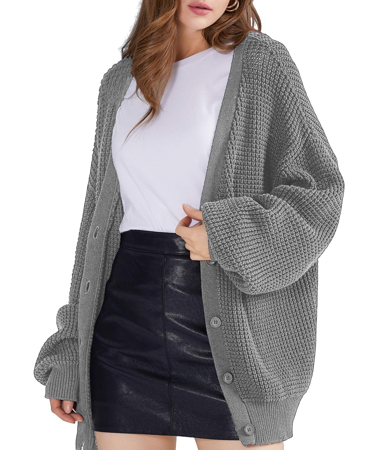QUALFORT Women's Cardigan Sweaters for Women 100% Cotton Button-Down Long Sleeve Oversized Knit Coatigan Jackets Heathergrey X-Large