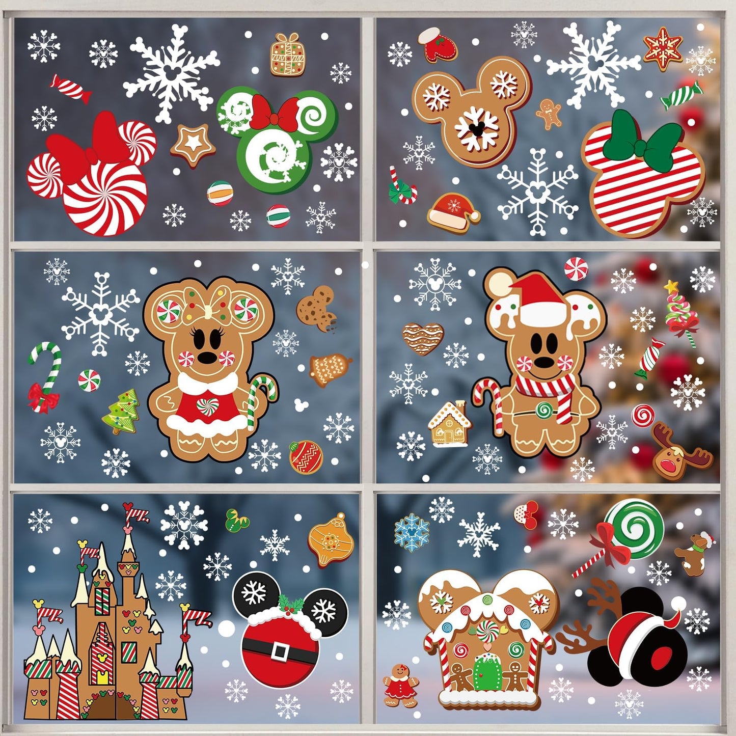 Christmas Gingerbread Window Cling Decorations - 12 Sheets Double-Sided Christmas Gingerbread Sticker for Window Decor, Mouse, Castle, Snowflake Stickers for Indoor Office Home Decor