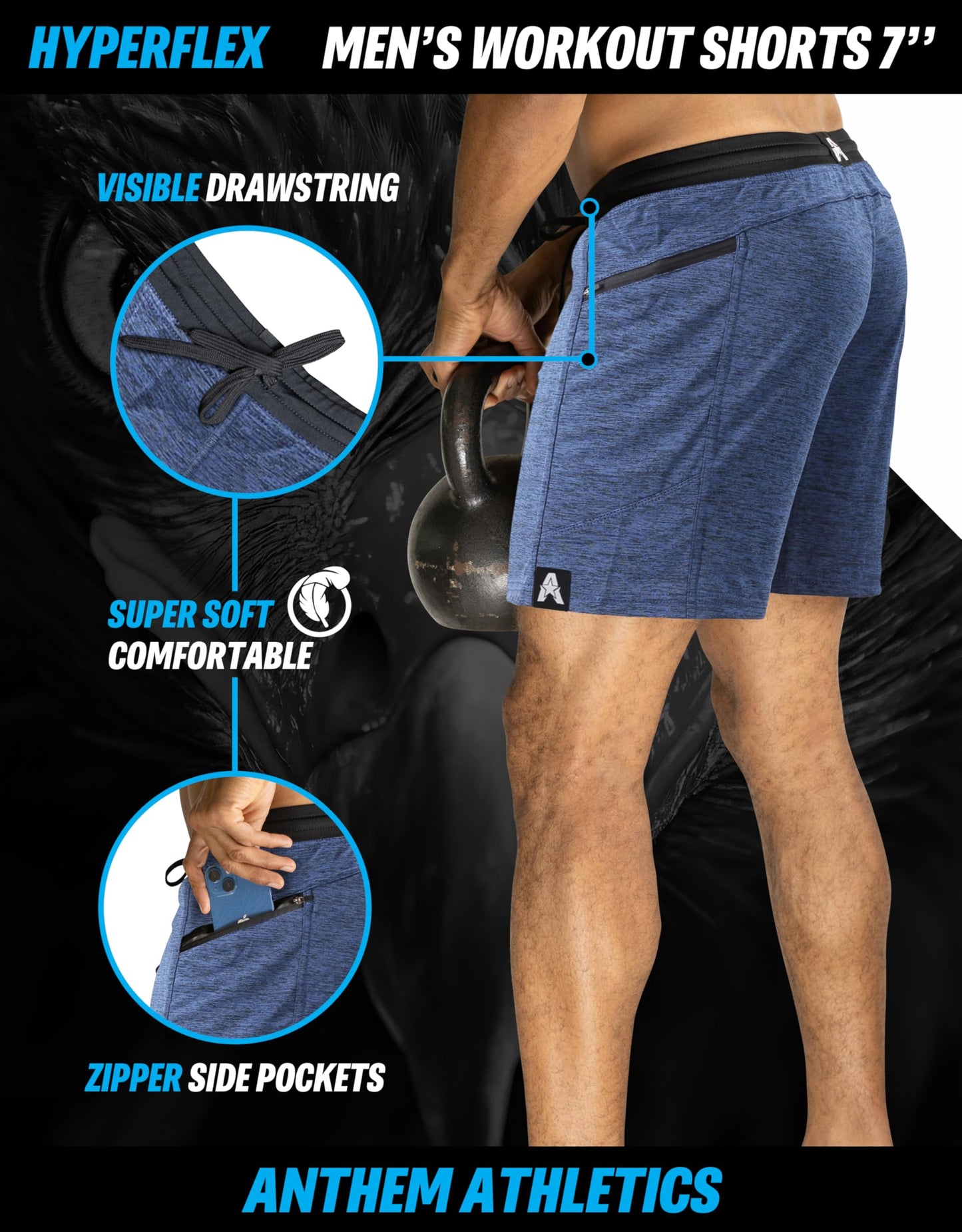 Anthem Athletics Hyperflex Mens Gym Shorts 5" 7" 9" Inseam Workout Athletic Sport Exercise Training Running Shorts for Men - Iron Navy G2 - Large