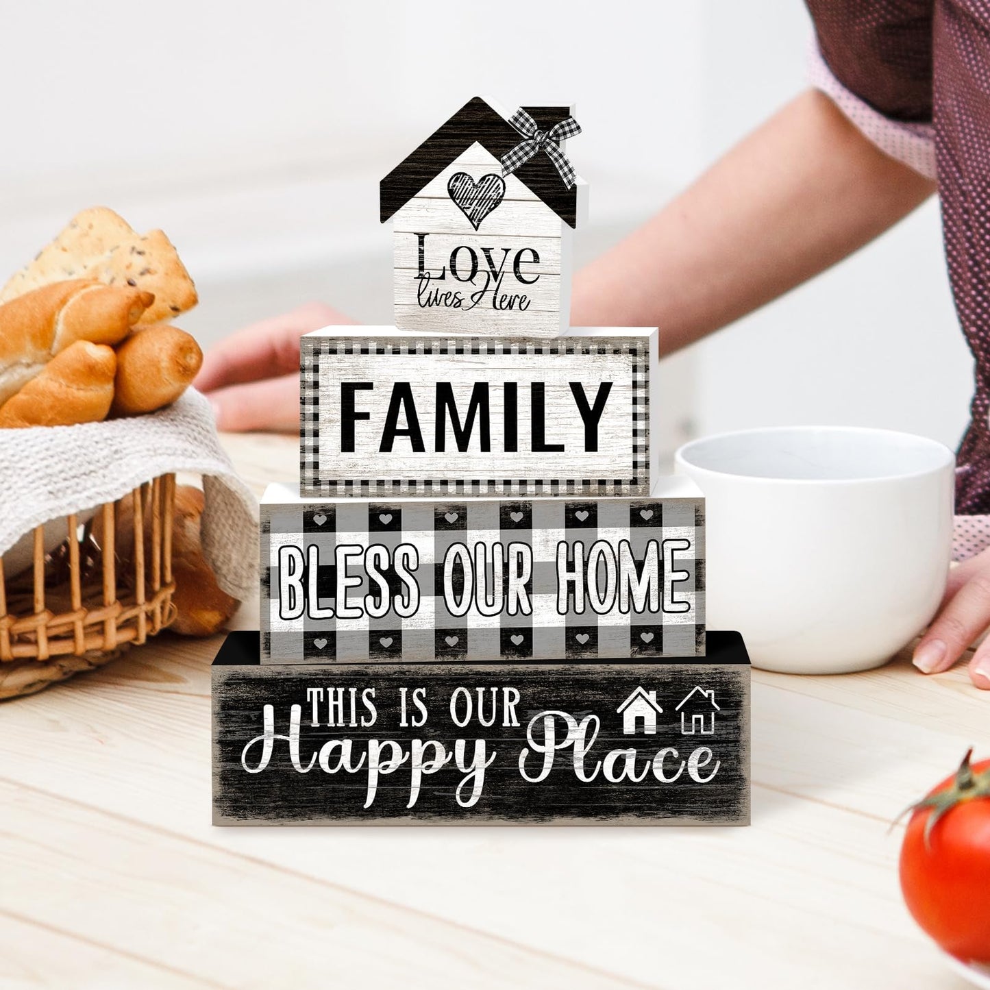 4 Pcs Farmhouse Family Wooden Tiered Tray Decor Set, Rustic Bless Our Home Wood Table Decor Buffalo Plaid Distressed Stack Block Signs Tabletop Centerpieces for Home Kitchen Shelf Mantle Decorations