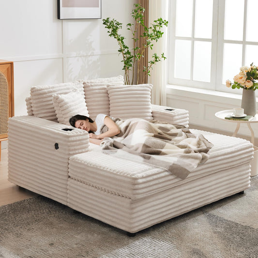 60" Oversized Chaise Lounge with Cup Holder, Chaise Lounge Chair Indoor with USB & Type C Charging Port, Corduroy Sofa Bed with Throw Pillows and Armrests