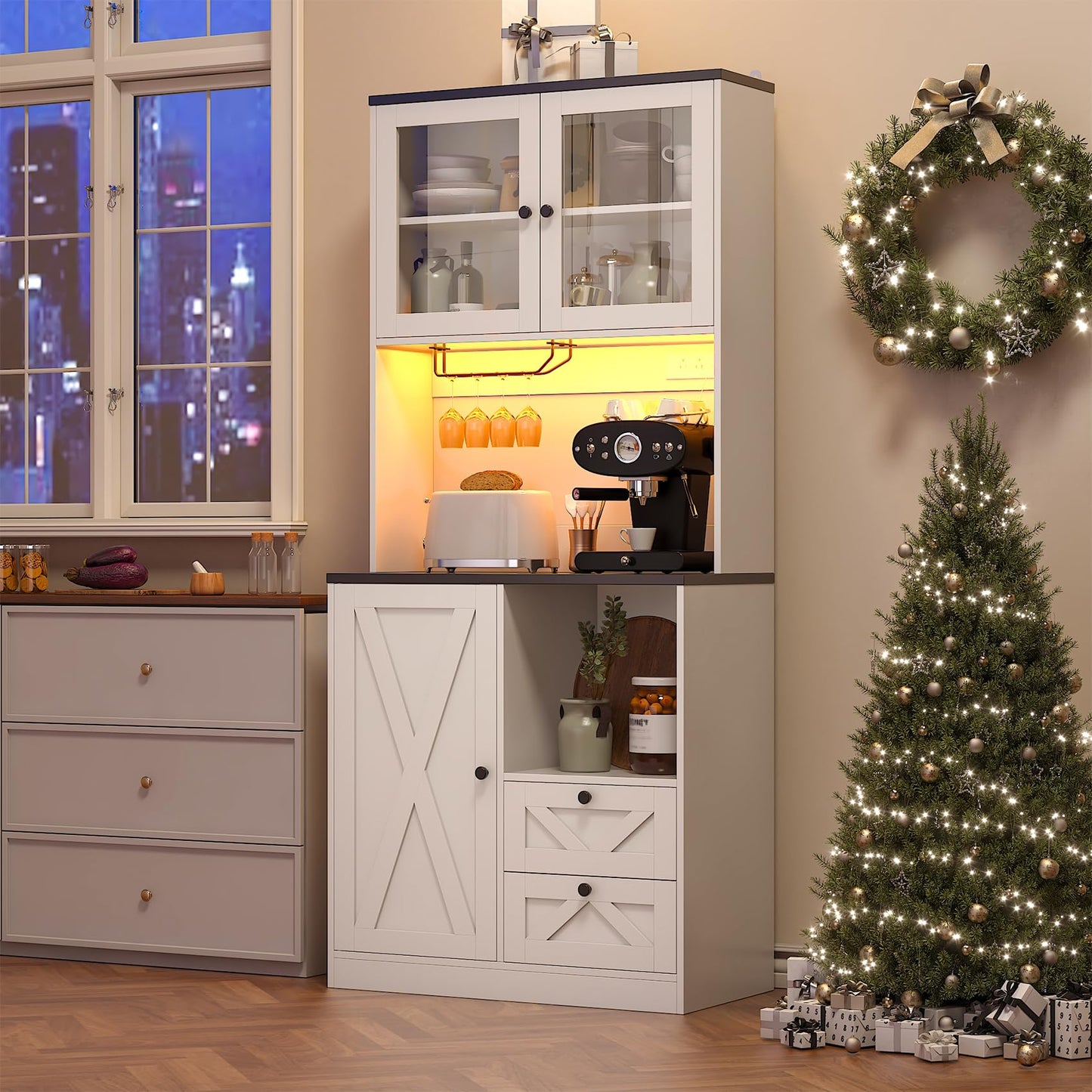 CBBPET 71" Tall Coffee Bar Cabinet with Storage Hutch, Farmhouse Kitchen Pantry Cabinet with LED Lights Microwave Stand and Glass Holder for Home Dining Room Kitchen,White