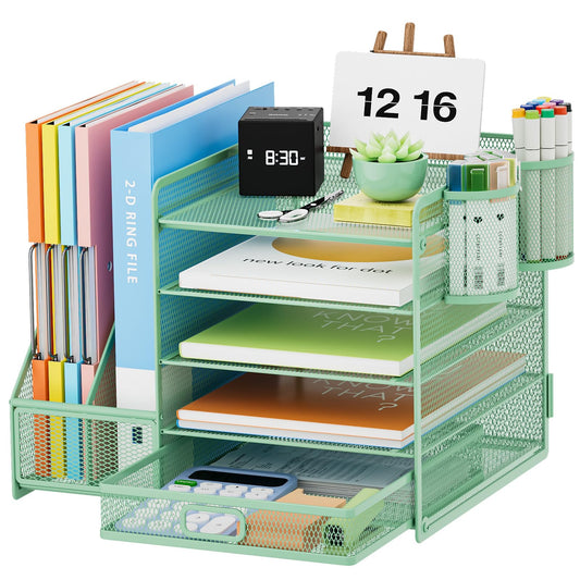Marbrasse Desk Organizer with File Holder, 5-Tier Paper Letter Tray Organizer with Drawer and 2 Pen Holder, Mesh Desktop Organizer and Storage with Magazine Holder for Office Supplies(Black)