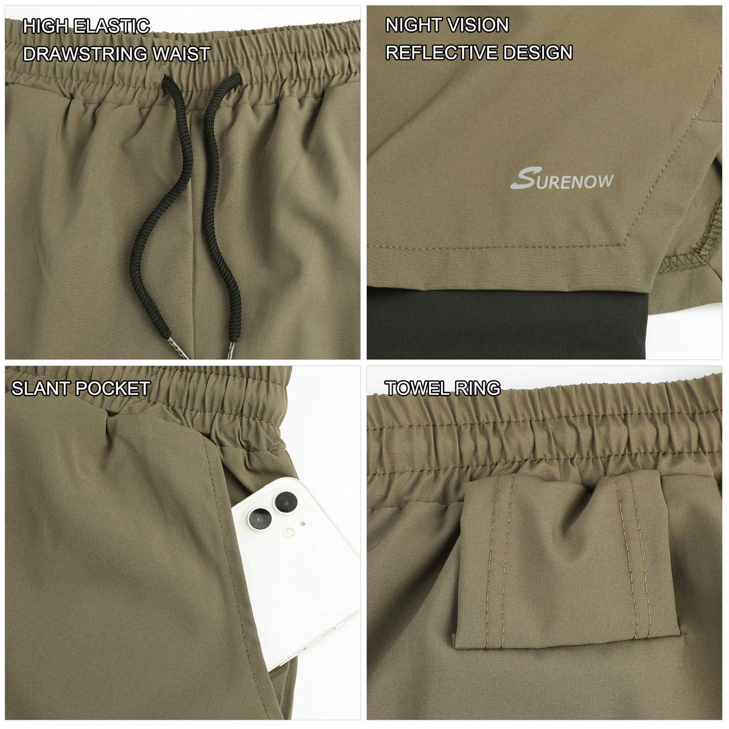 Surenow Mens 2 in 1 Running Shorts Quick Dry Athletic Shorts with Liner, Workout Shorts with Zip Pockets and Towel Loop Green