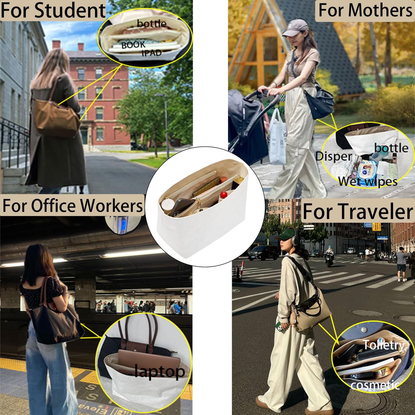 Doxo Upgraded longchamp Organizer Insert, Bag Organizer Insert for Long Champ Large and More, Ultra-light Waterproof DupontPaper le pliage Large Organizer, Keeps Tote Handbag Neat(White,L)