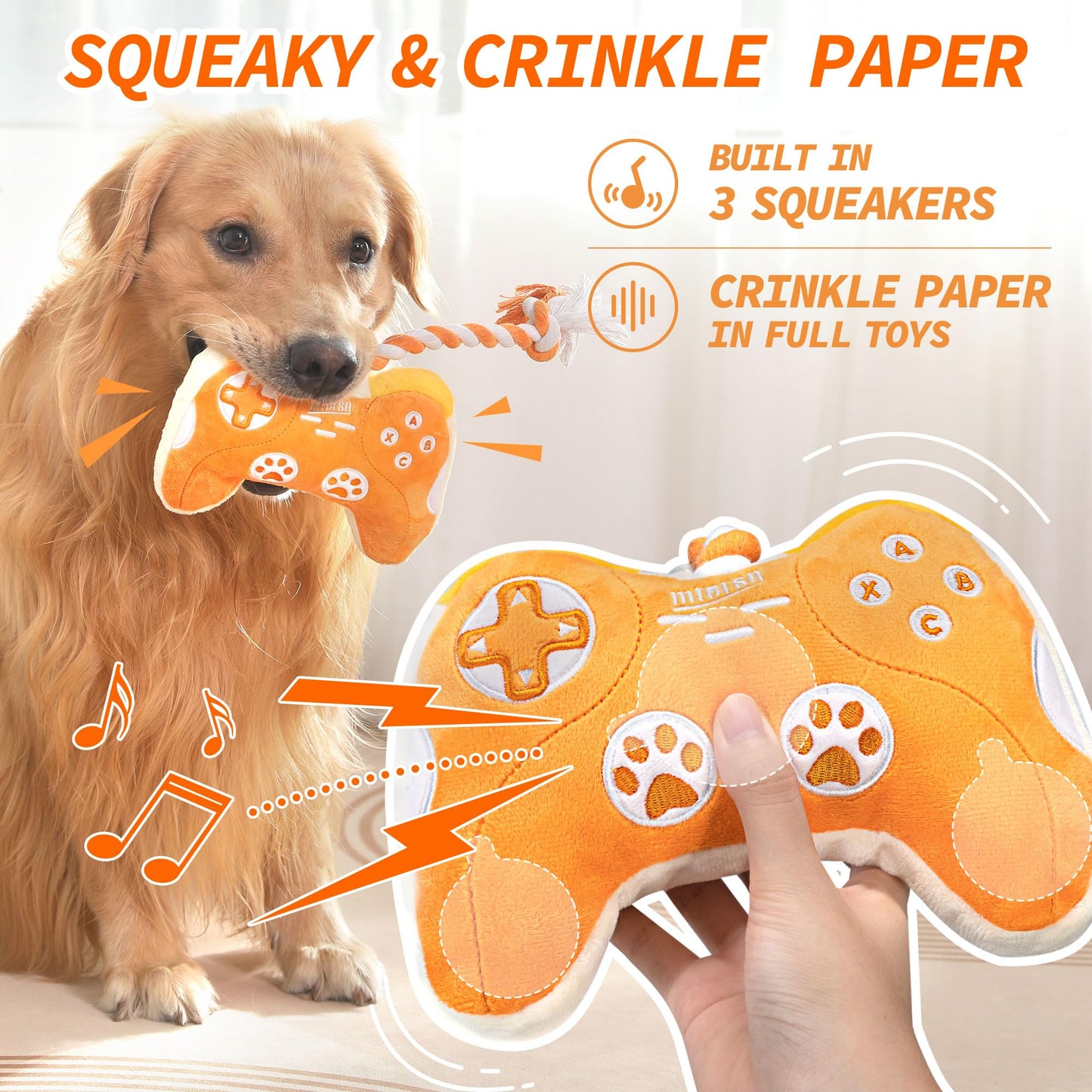 MTERSN Plush Dog Toy : Interactive Squeaky Dog Toys with Crinkle Paper and Gaming Controller Shape Dogs Rope Toys - Funny Pet Chew Toys with 3 Squeakers for Puppy, Small, Medium, Large Dogs (Yellow)
