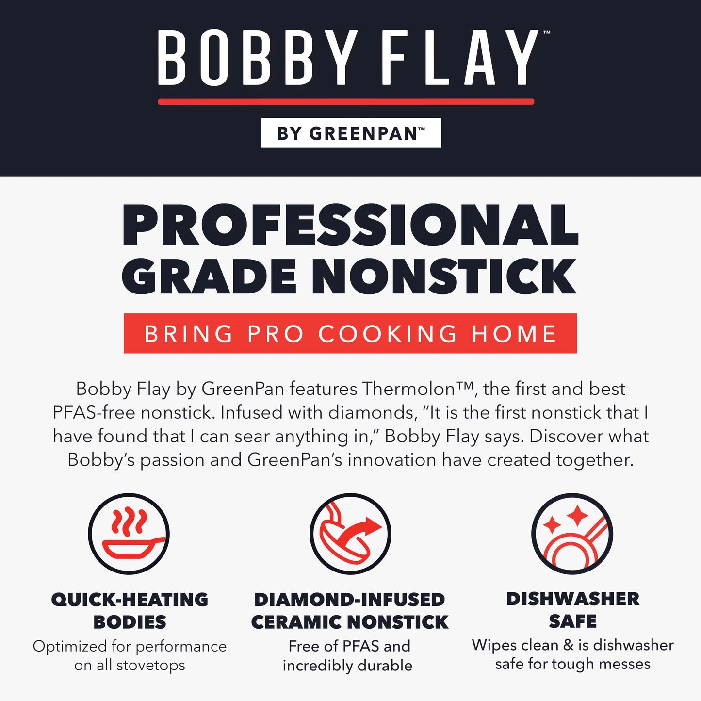 GreenPan x Bobby Flay 13 Piece Nonstick Cookware Pots and Pans Set, PFAS-Free Diamond Ceramic, Induction Suitable, Easy Clean Dishwasher & Oven Safe, Stay-Cool Silicone Handles, Glass Lids, Graphite