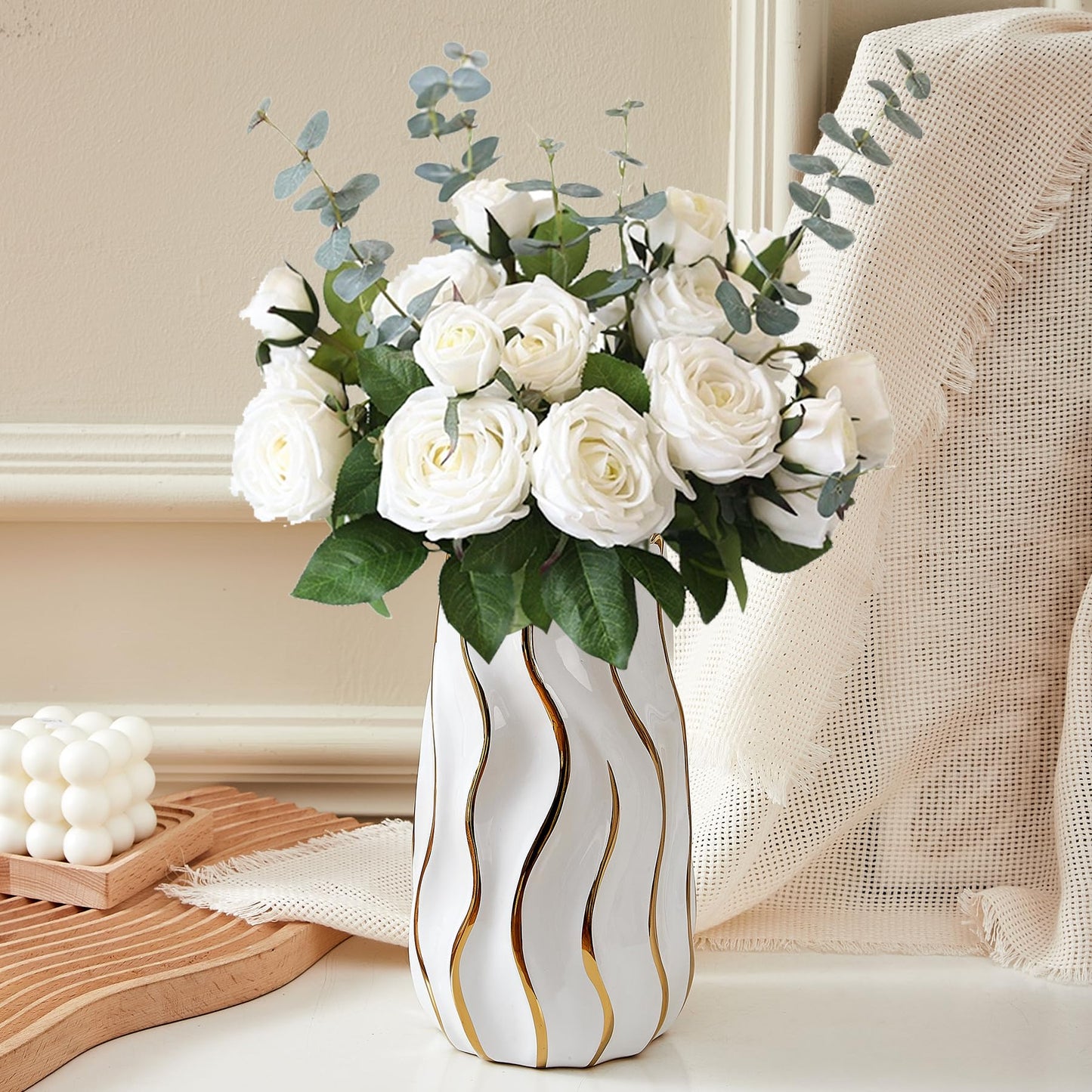 OTARTU Ceramic Vase, White Vase for Home Decor,Decorative Flower Vase, Vertical Stripe Ceramic Vases for Home Décor, Bedroom, Office, Living Room, Bathroom, Tabletop Decor, Centerpiece (White)