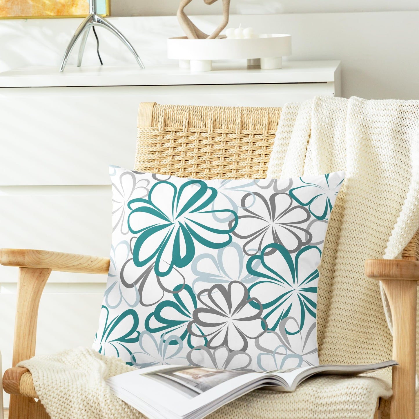 CaliTime Throw Pillow Covers Pack of 2 Cozy Fleece Line Flowers Decorative Cushion Cases for Couch Bed Sofa Farmhouse Decoration 18 X 18 Inches Teal Green Blue Grey