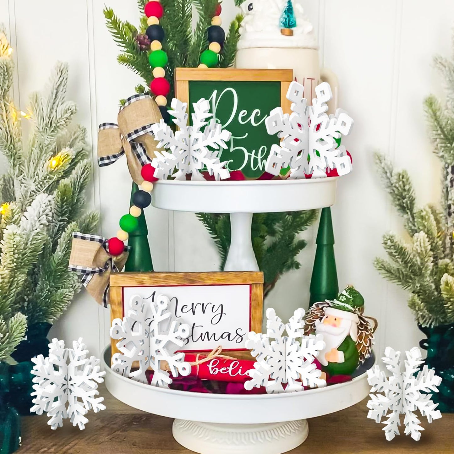 OuMuaMua 6 Set Snowflake Christmas Table Decorations - 12pcs White Wooden 3D Snowflake Decor Tabletop Centerpiece for Christmas Party Supplies Home Decor