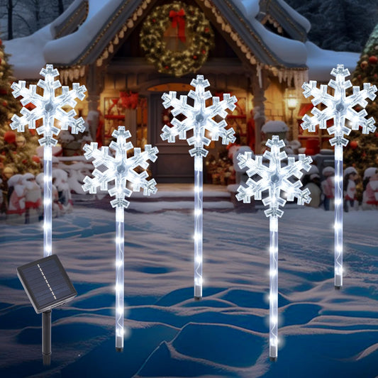 Solar Christmas Snowflake Pathway Lights, Set of 5 Outdoor Garden Lights Decorations，Waterproof Stake Decorative Light for Yard Lawn Porch Walkway Decor (Cool White, 5 Pack)