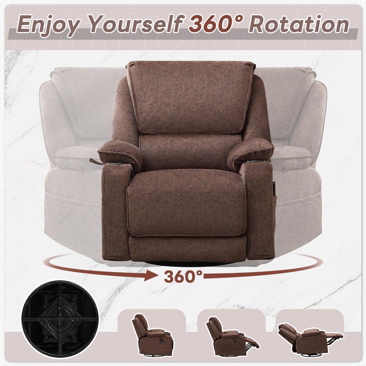 YOCONYO Massage Recliner Chair, Swivel Rocker Recliner with Heat and Vibration, 360 Swivel Manual Single Reclining Sofa with Cup Holder for Adults (Brown)