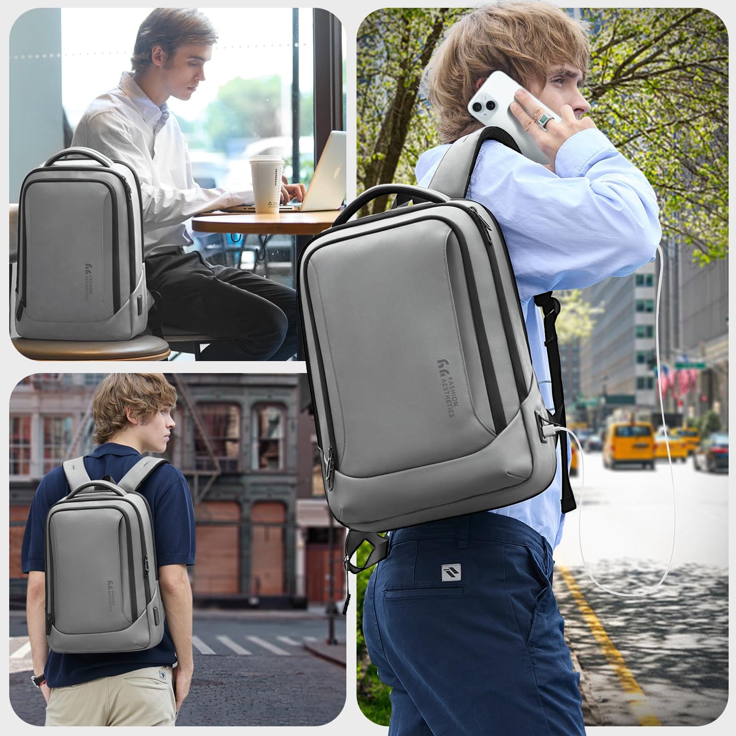 hk Laptop Backpack for Men with USB Charging Port Water-Resistant for 15.6 Inch Computer Bag Durable High-Tech Daypack Casual Backpack for Business Work College Weekender Travel- Grey