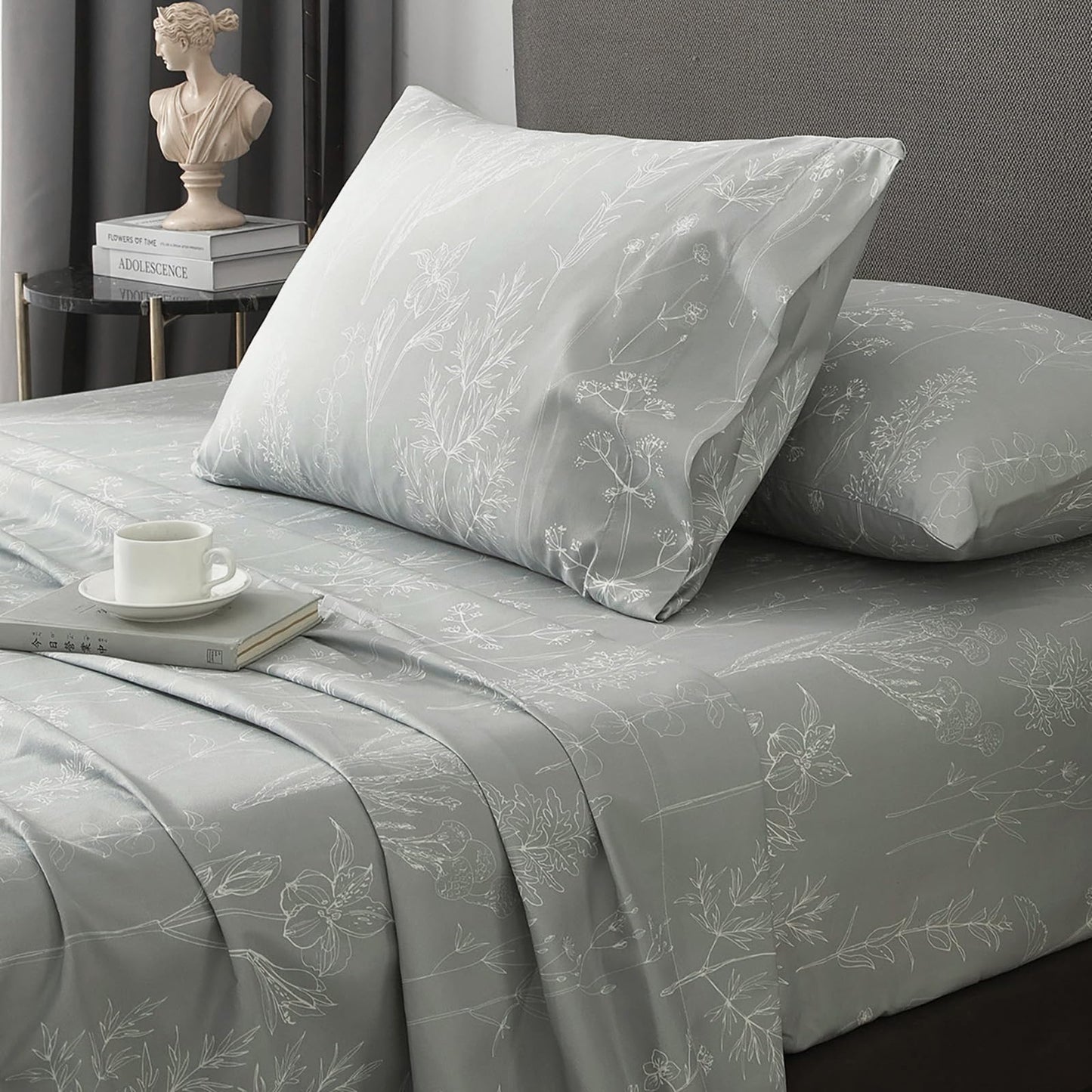 HYPREST Grey King Size Sheets, 18 Inch Deep Pocket King Sheets Botanical Pattern Sheet Luxury Rustic Soft Hotle Quality-1800 Threat Count