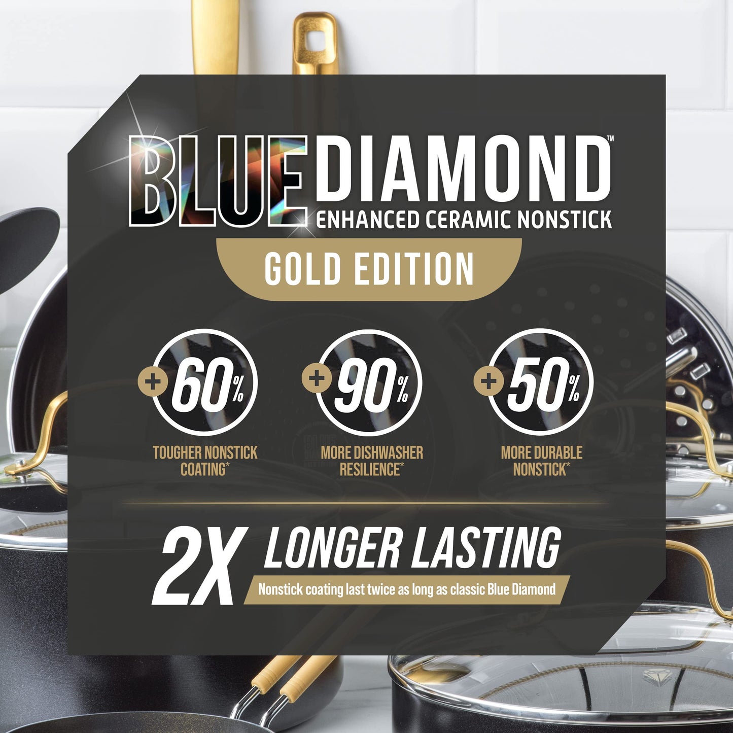 Blue Diamond 14 Piece Induction Nonstick Cookware Set, Diamond Infused PFAS-Free Ceramic Nonstick Pots & Pans, Durable Metal Utensil Safe, Dishwasher Safe, Oven & Broiler to 600F, Black/Gold