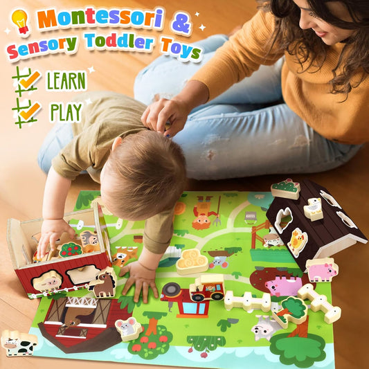 Wooden Farm Animals Toy for Toddler: Montessori STEM Learning Activity Toy for 1-5 Year Olds Boys - Sorting & Stacking Sensory Educational Shape Sorter - Gift for Kids Ages 2 3 4 Birthday Gift