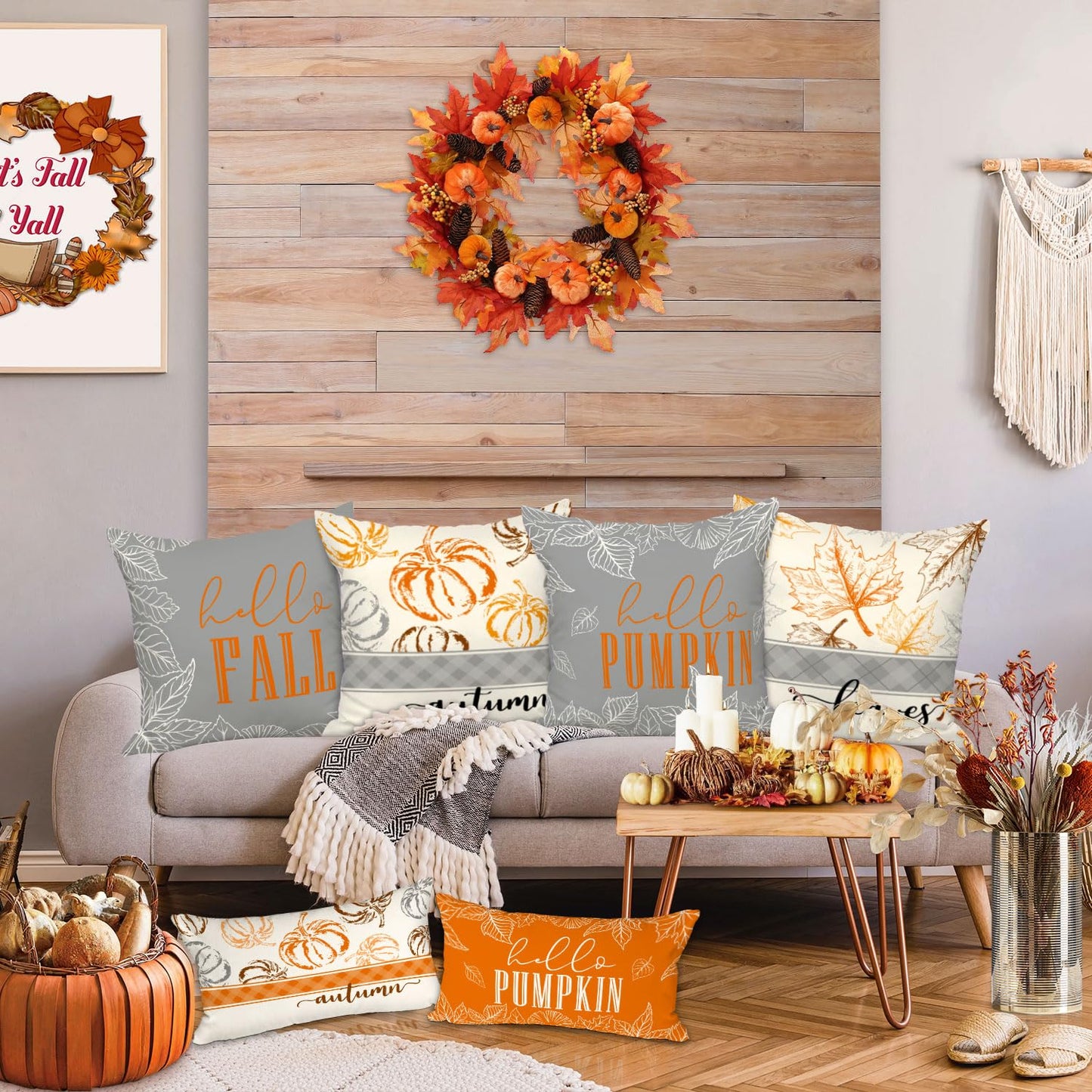 Ywlake 18x18 Fall Pillow Covers Set of 4, Hello Pumpkin Decorative Holiday 18 x 18 Autumn Cushion Covers Thanksgiving Pillow Case for Indoor Home Bedroom Couch Sofa Decor Grey