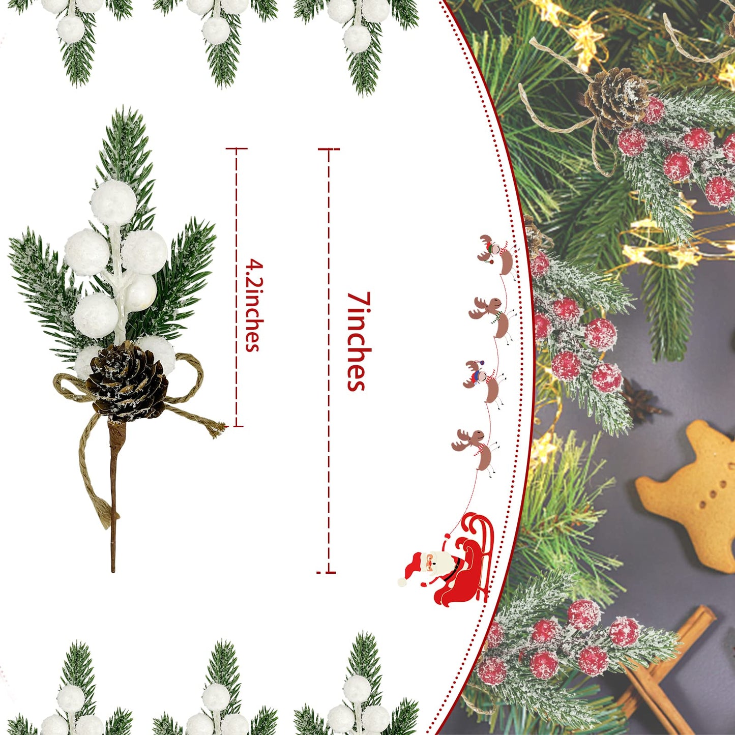 White Berry Stems Floral Pine Cones 10PCS Christmas Artificial Pine Branches Evergreen Berries Branch White Holly Spray Wreath Picks for DIY Craft Christmas Winter Décor