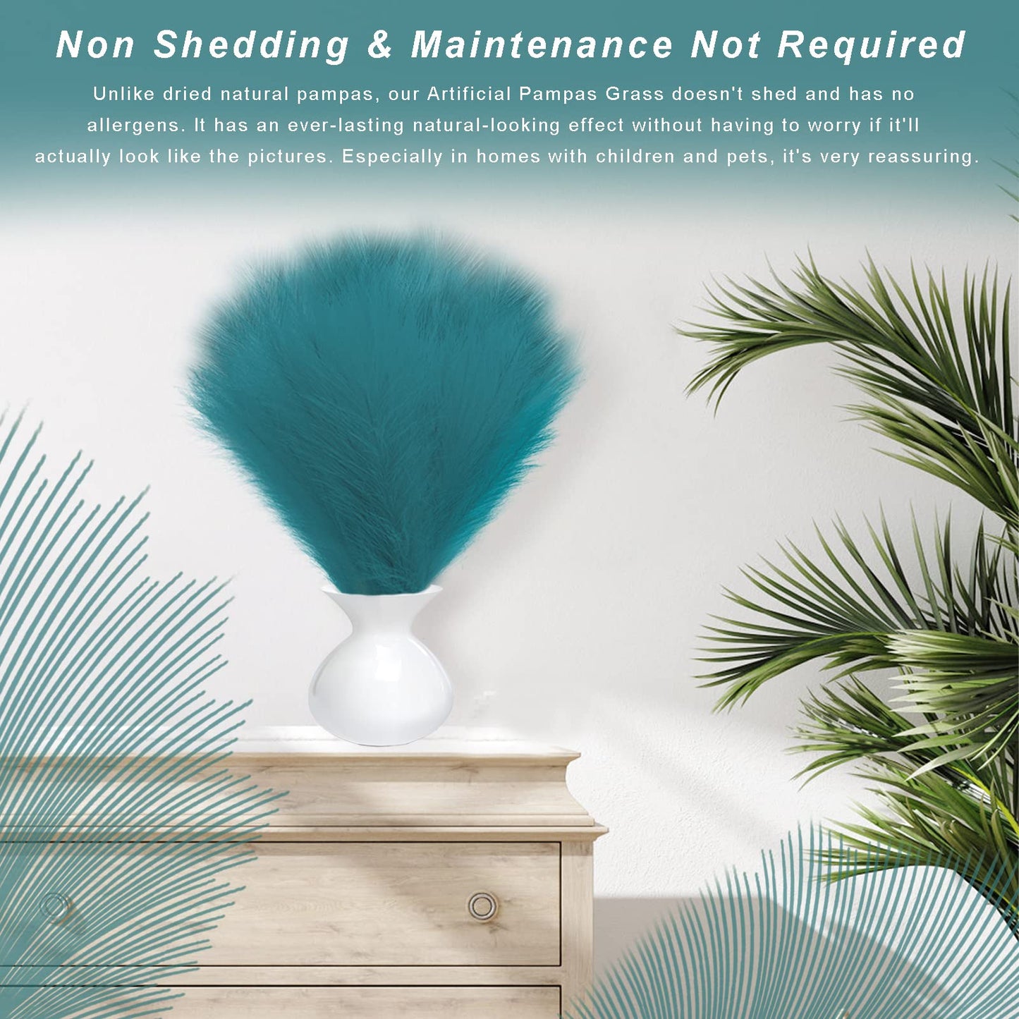 ULENDIS 8Pcs Faux Pampas Grass Boho Decor - 18" Fluffy Artificial Pampas Grass Branches for Vase Fillings, Flower Arrangements, Home Wedding Decor (Blue)