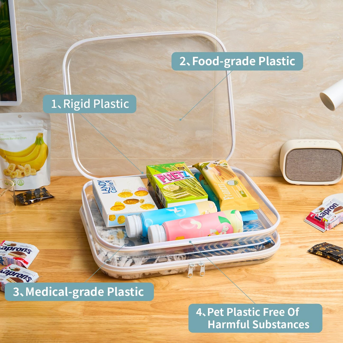 YQBRAO Hard Sided Clear Zipper Case for Storage- Professional-Grade Plastic Clear Zipper Pencil Case,Toy Storage Bins, Toiletry Pouch, Travel Organizer, Cosmetic Bag（White,2 Pack, L）