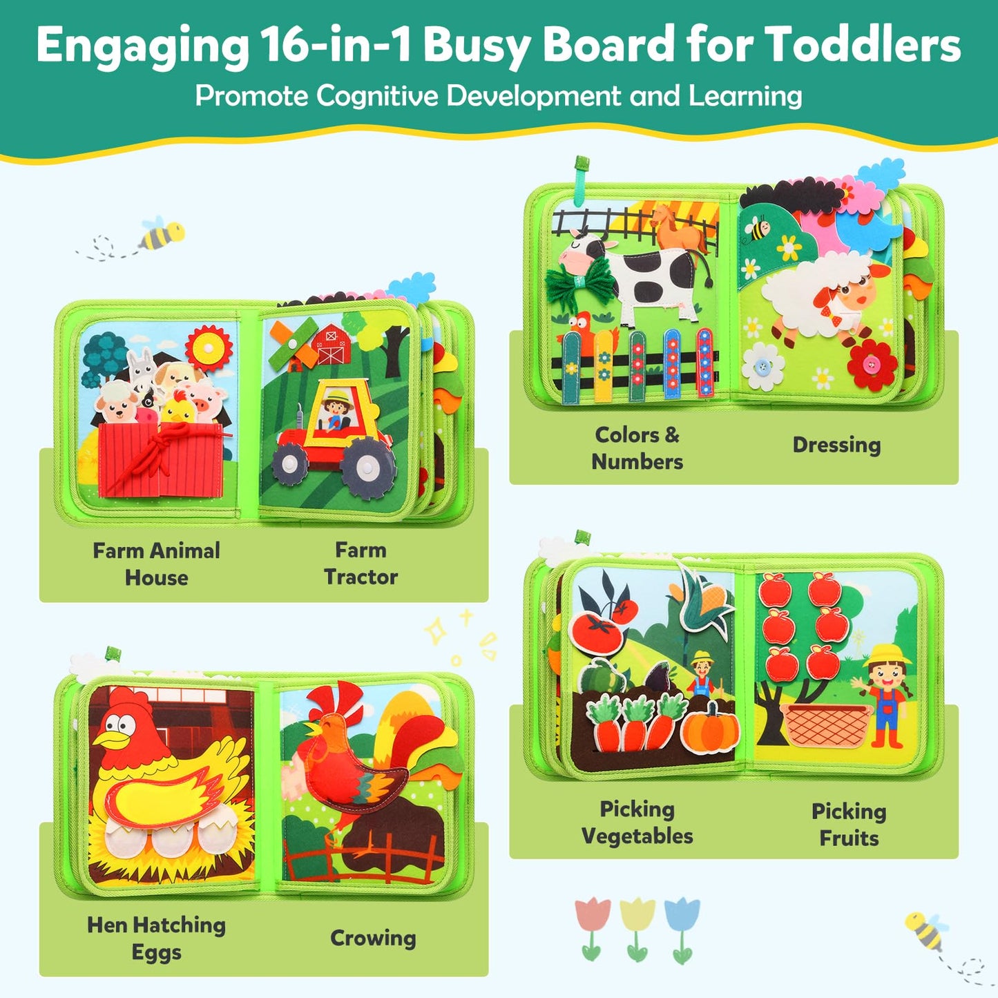 hovikoki Busy Book for Toddlers 1-3 - Montessori Toys Busy Board for 1 Year Old Boy Girl Toys Educational Quiet Activity Books Learning Board Toddler Airplane Travel Toy Birthday Gift - Farm Animals