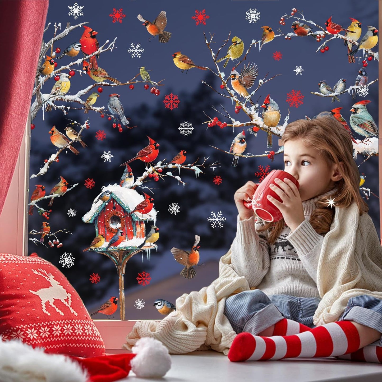 Winter Window Stickers Christmas Window Clings Indoor Outdoor Decoration Xmas Stickers for Winter Holiday Supplies Birds Tree Branch Window Decals for New Year Christmas Party Living Room Home Decor