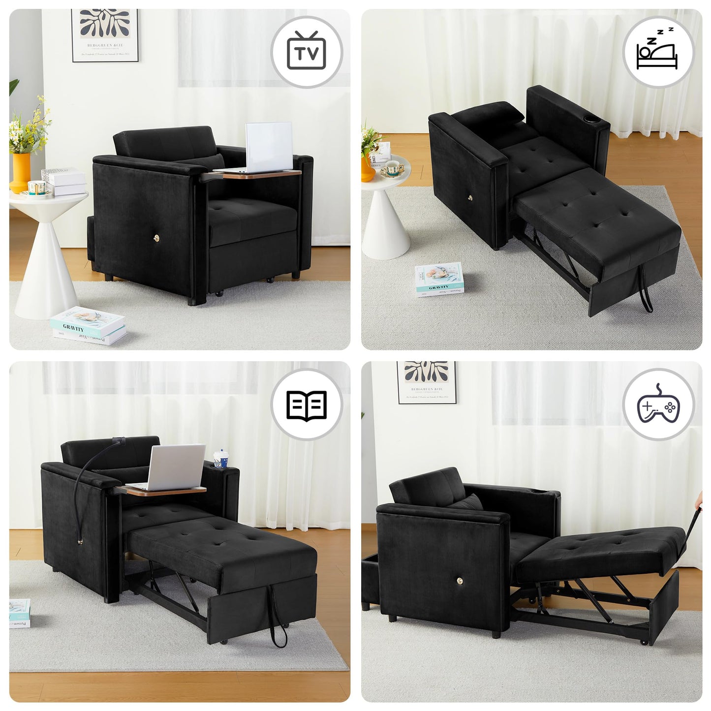 weselon Velvet Convertible Chair Bed, 3 in 1 Multi-Functional Lounge Chair Sleeper, Pull Out Couch Guest Bed with Hidden Table and Adjustable Backrest for Living Room Small Space Apartment (Black)