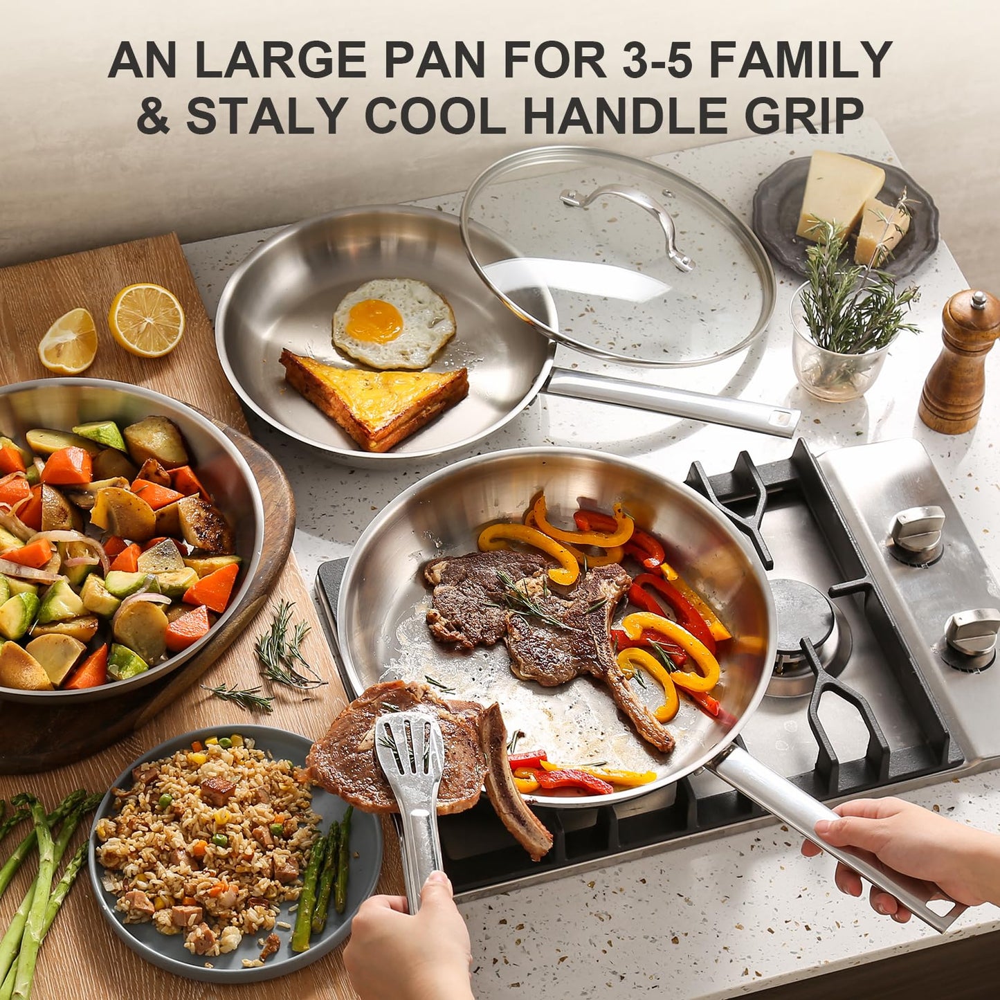 DELUXE Stainless Steel Frying Pan Set 4-Pieces, 10" and12 Skillet with Lid and Stay-Cool Handle, PFOA Free Stainless Steel Pan Suitable with Induction Gas Stoves, Dishwasher&Oven Safe