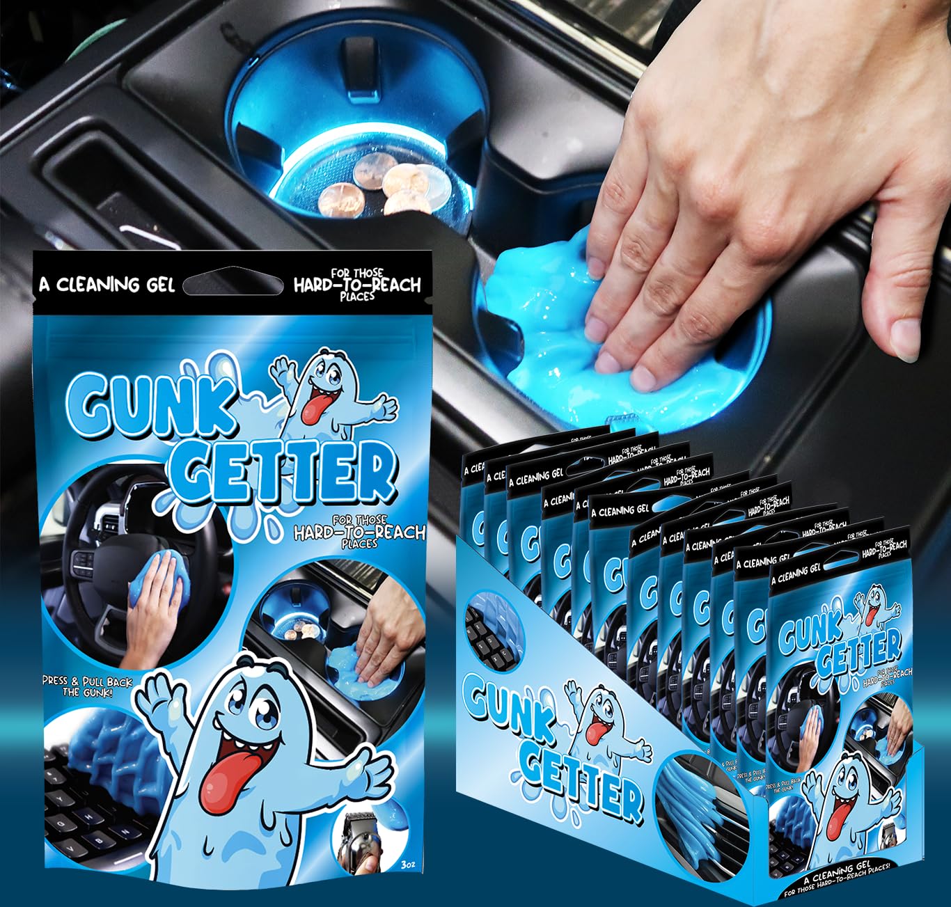 Gunk Getter 12 Pack Cleaning Gel for Those Hard to Reach Places, Automotive Cup Holder Electronic Keyboard Office, Slime Gel Cleaner Dust Crumb Removal (Resealable Pouch, Blue, 3oz)