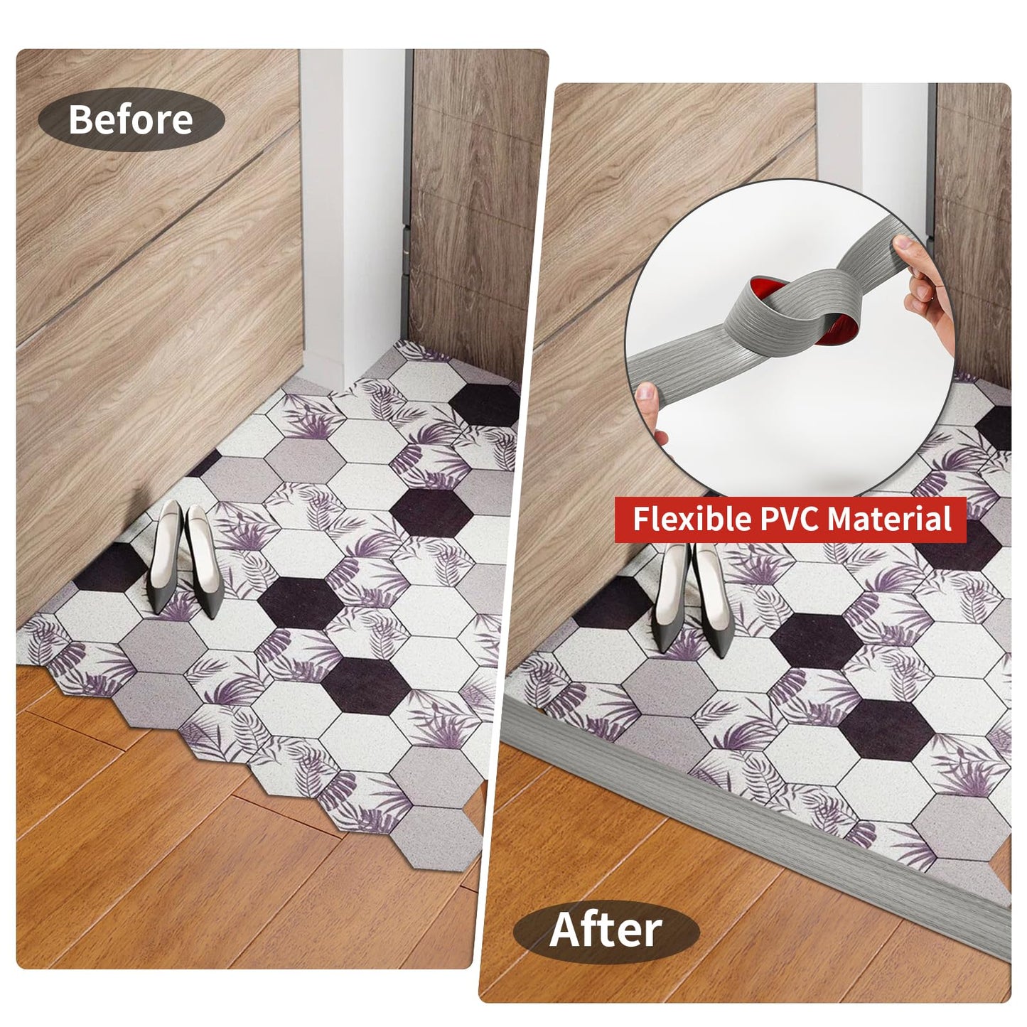 Floor Transition Strip Self Adhesive 2 Inch Wide, 6.6 FT Non-Slip Waterproof Floor Cover Strips for Floor Gaps Tiles Carpet Threshold Transition, Easy Install (Gray Wood Grain)