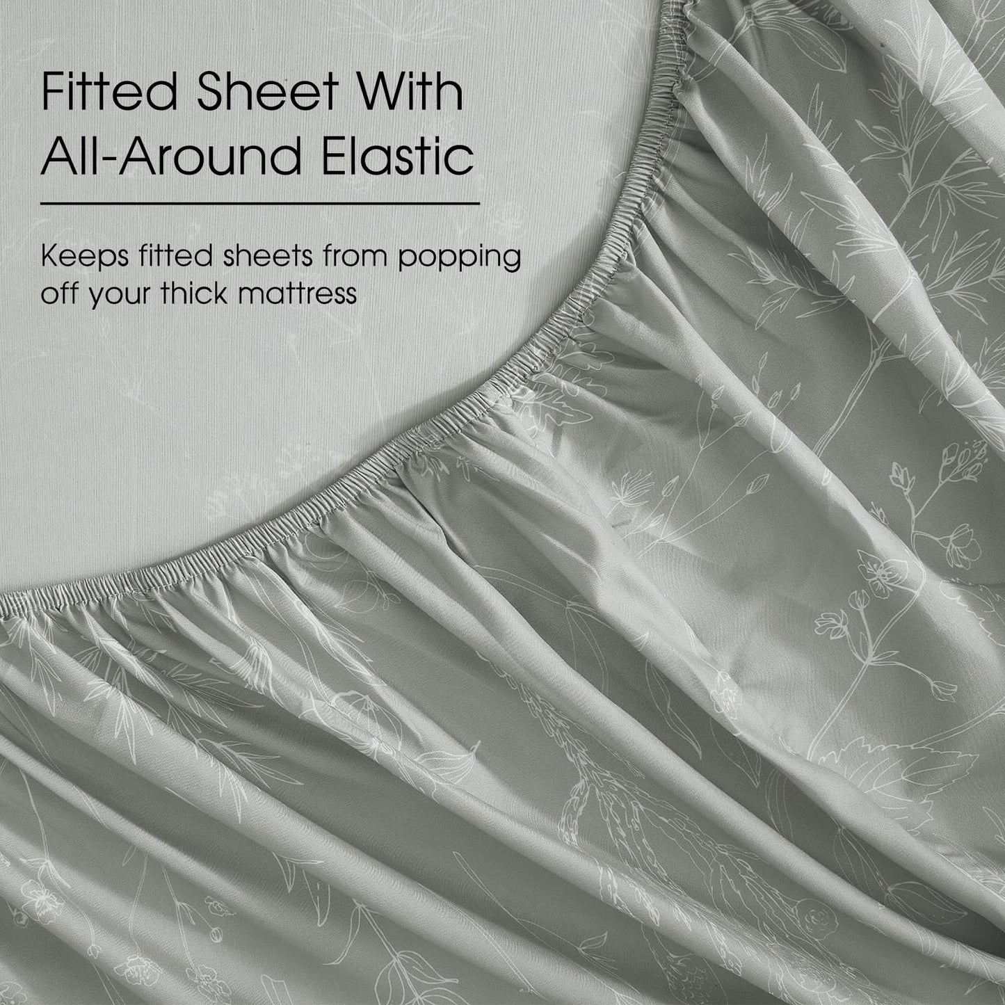 HYPREST Grey King Size Sheets, 18 Inch Deep Pocket King Sheets Botanical Pattern Sheet Luxury Rustic Soft Hotle Quality-1800 Threat Count