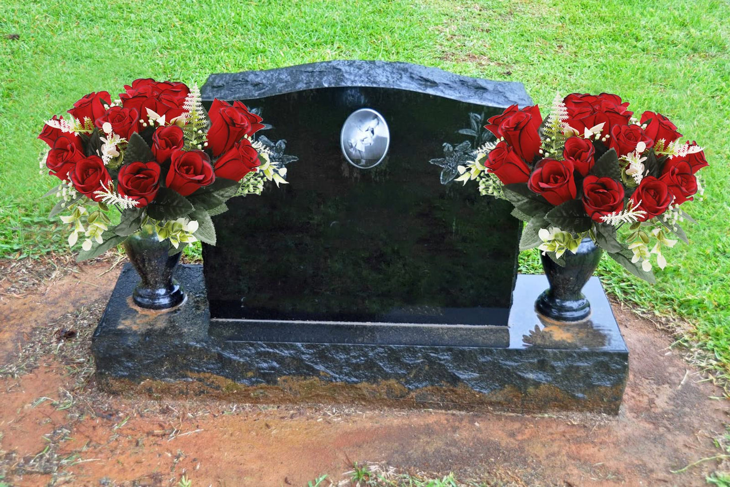 U'Artlines 2Pcs Artificial Cemetery Flowers for Grave Silk Memorial Red Rose Flowers Outdoor Grave Flowers for Grave Vase Cemetery Flower Arrangements (Not Included Vase)
