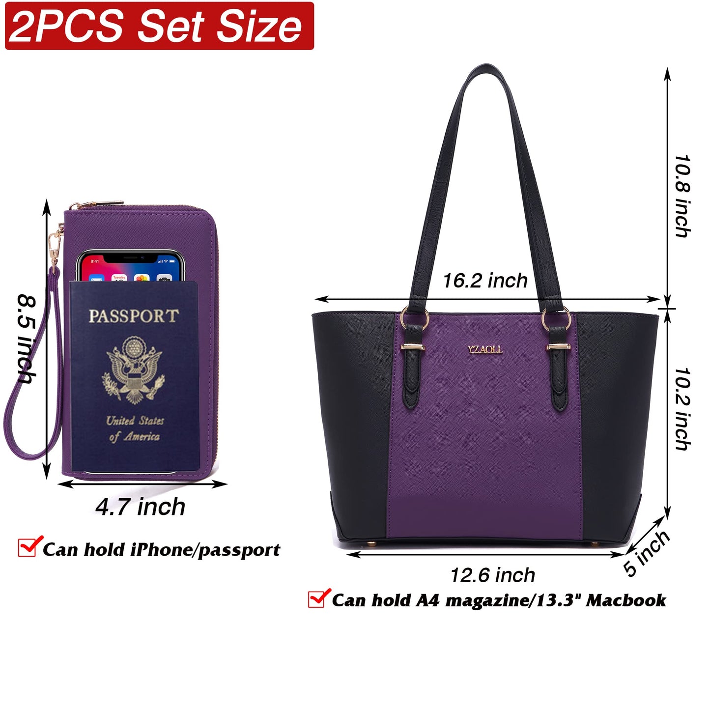 Purses for Women Large Tote Shoulder Color Blocking Handbags Top Handle Satchel Women Purse Wallet set 2pcs PurpleBlack